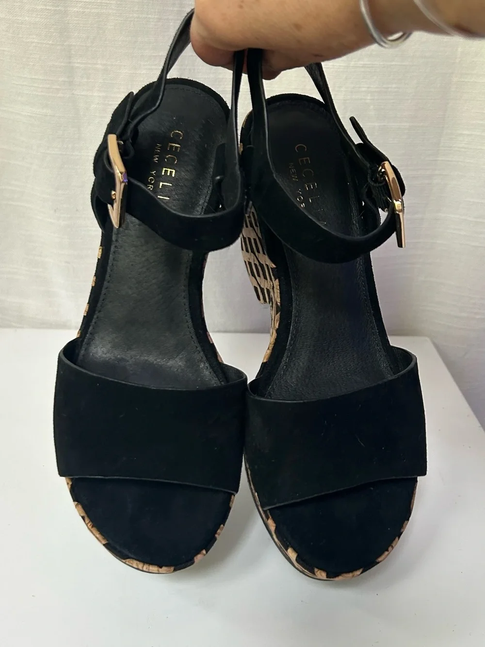 CECELIA NEW YORK Black Suede Platform Wedges with Patterned Cork